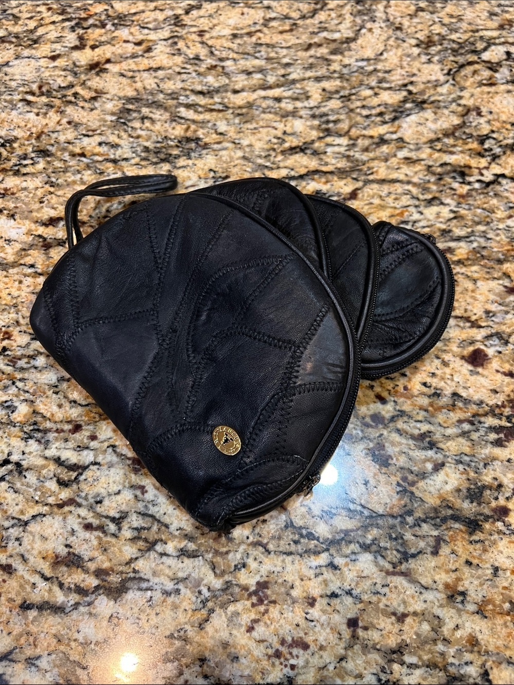 Black Leather Wristlet Clutch w/ Stitched Patchwork and Gold Button 4 Pc Set